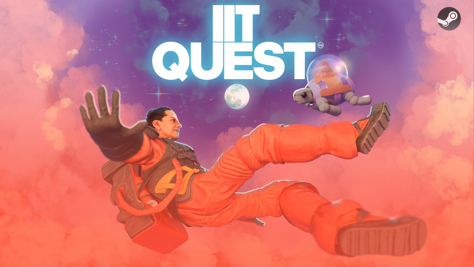 IIT Quest key art — Vikrama falling through a pink sky with Kurma, a turtle in a space helmet