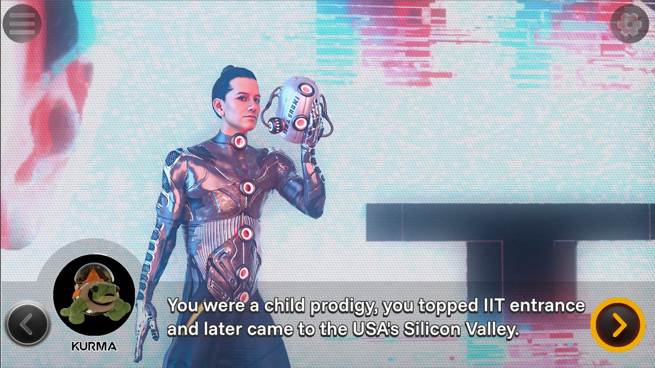 Vi, a cybernetic figure holding a helmet, glitching on screen